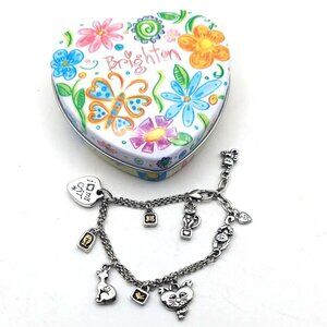 Brighton Pedigree Cat Silver-Plated Kitty Lover Charm Bracelet 2-Tone & Gift Tin